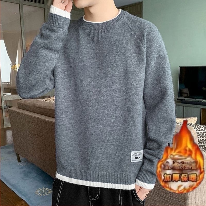 Brown Tinédzser fiú vastag fleece-béléses kötött pulóver, kerek nyakú, egyszínű, téli meleg