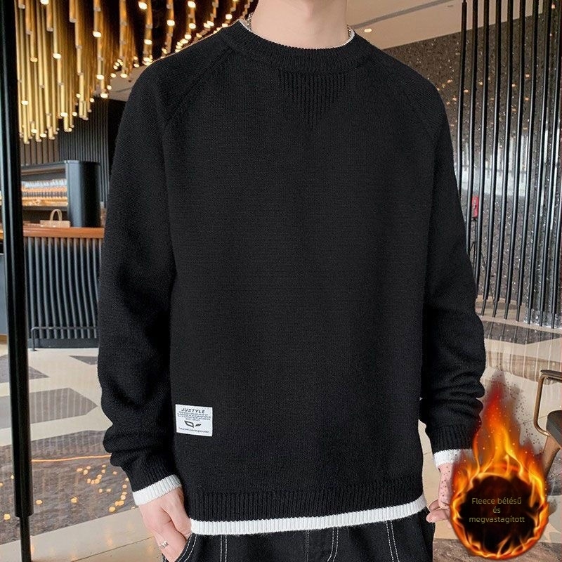 Brown Tinédzser fiú vastag fleece-béléses kötött pulóver, kerek nyakú, egyszínű, téli meleg
