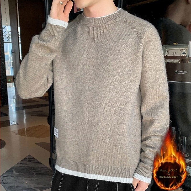 Brown Tinédzser fiú vastag fleece-béléses kötött pulóver, kerek nyakú, egyszínű, téli meleg