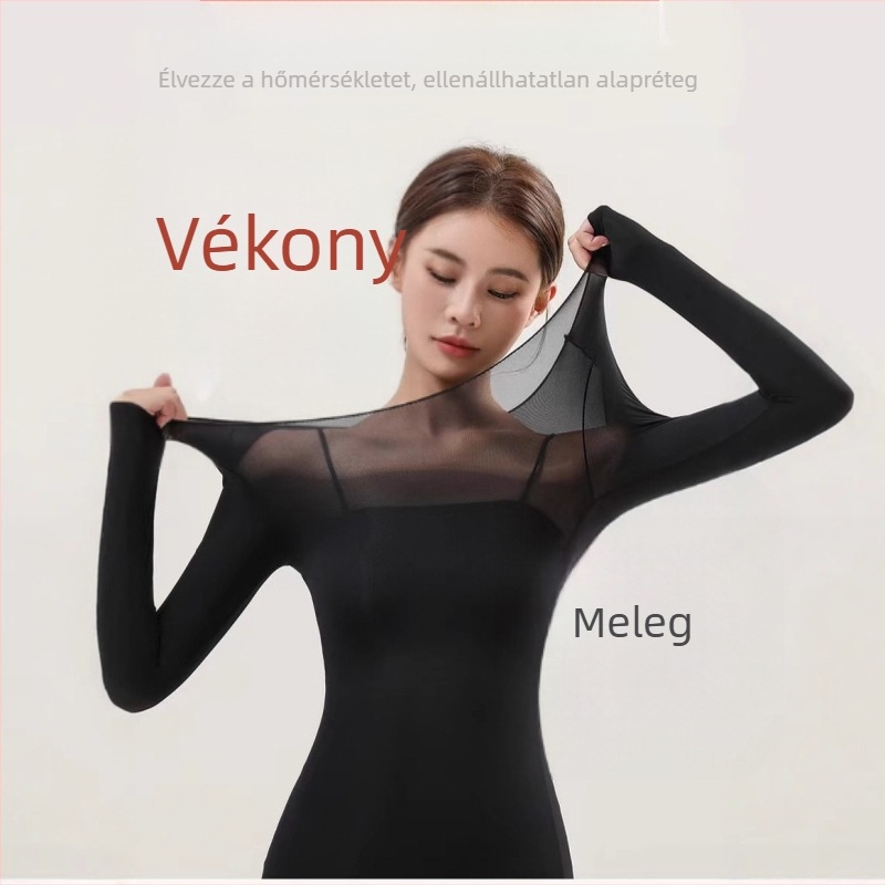 Női ultra vékony termoszett alapréteg: körkörnyakú pulóver felső és nadrág, egyrétegű nylonból.