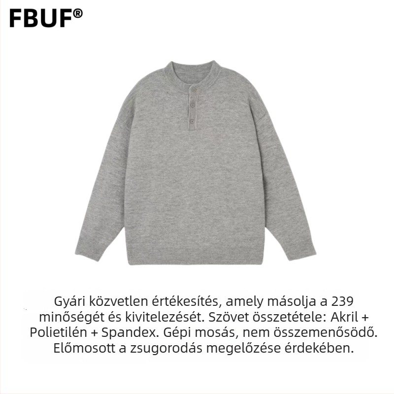 FBUF Semleges stílusú kereknyakú pulóver, laza szabás, hosszú ujjú, vastag bolyhos kötött, 81% polietilén rost