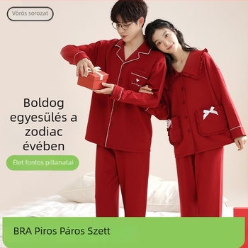 Párok számára készült kötött pamut pizsama készlet - V-nyakú, hosszú ujjú, nadrág, közepes súlyú anyag, őszi kényelem