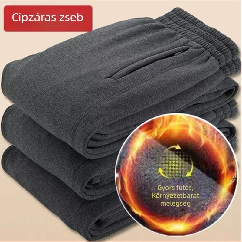 Férfi téli sportnadrág fleece-béléssel, laza szabású, egyenes szárú, derék húzókötővel, középkorú férfiak számára