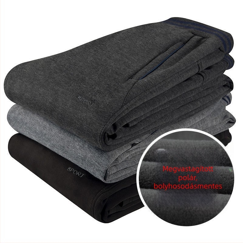 Férfi téli sportnadrág fleece-béléssel, laza szabású, egyenes szárú, derék húzókötővel, középkorú férfiak számára