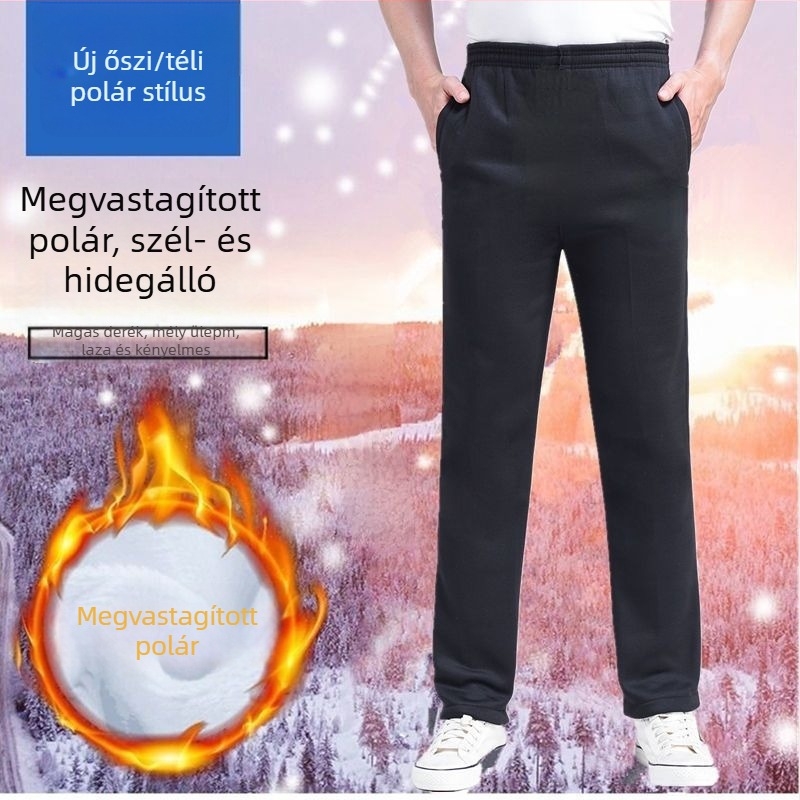 Férfi téli sportnadrág fleece-béléssel, laza szabású, egyenes szárú, derék húzókötővel, középkorú férfiak számára