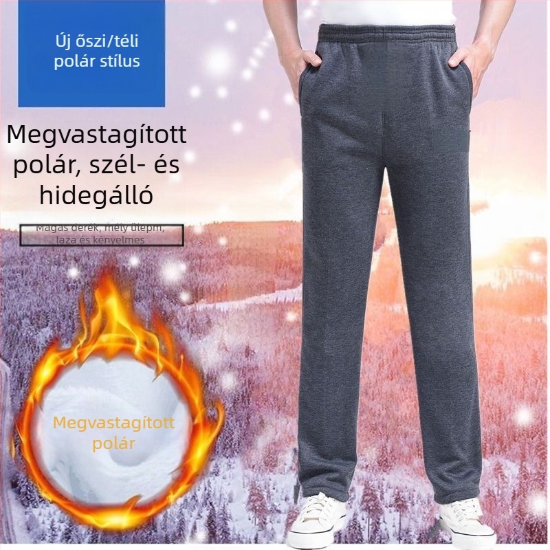 Férfi téli sportnadrág fleece-béléssel, laza szabású, egyenes szárú, derék húzókötővel, középkorú férfiak számára