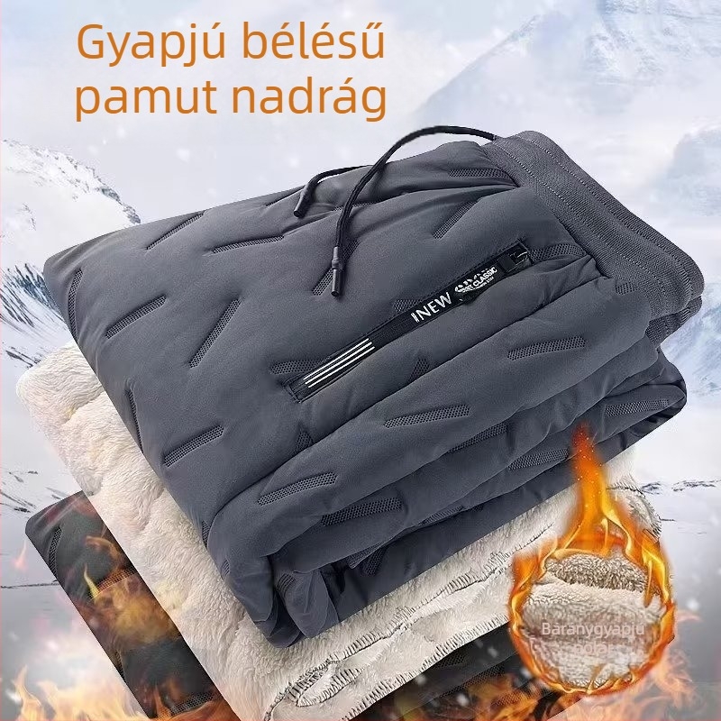 Férfi téli fleece-béléses casual nadrág, lazán szabott, plusz méret, szélvédett és meleg