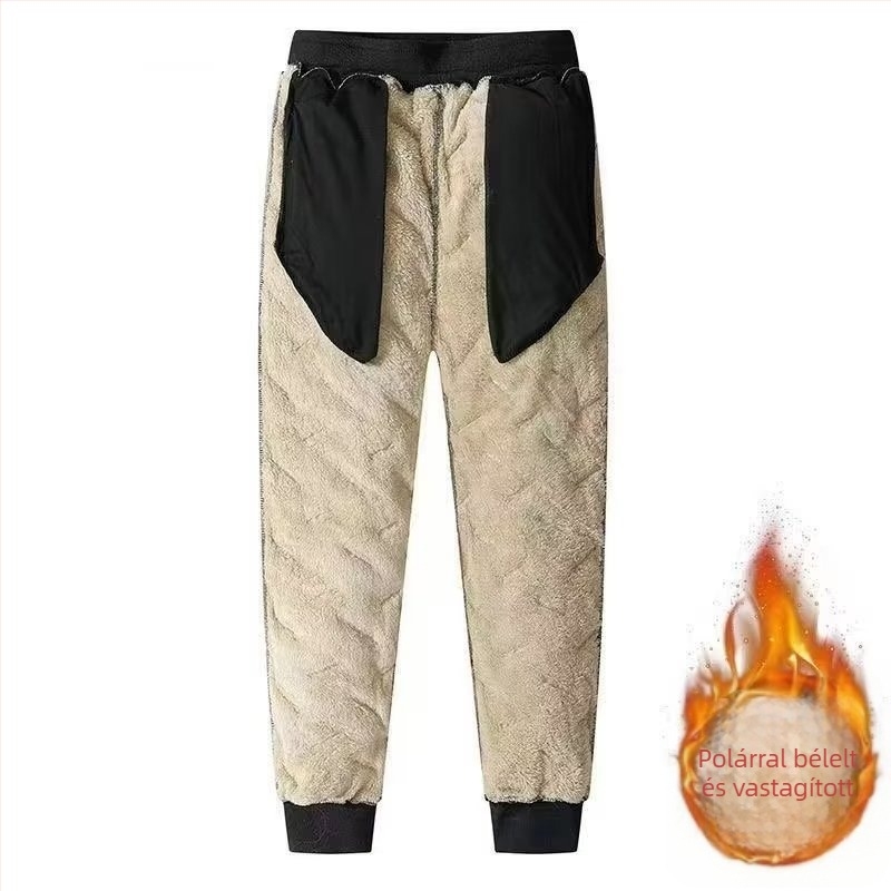 Férfi téli fleece-béléses casual nadrág, lazán szabott, plusz méret, szélvédett és meleg