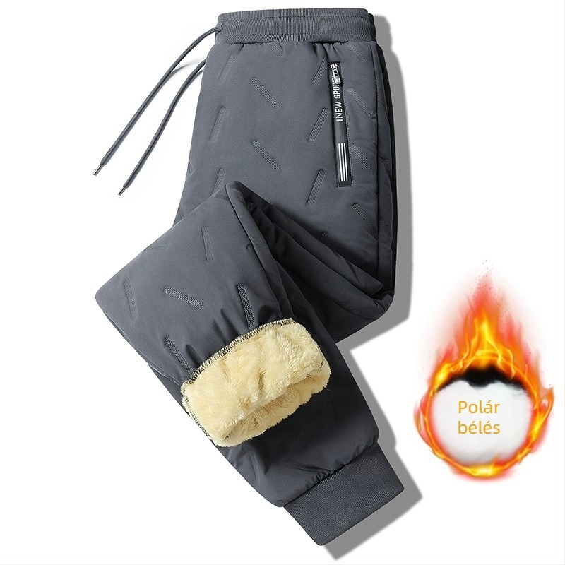 Férfi téli fleece-béléses casual nadrág, lazán szabott, plusz méret, szélvédett és meleg