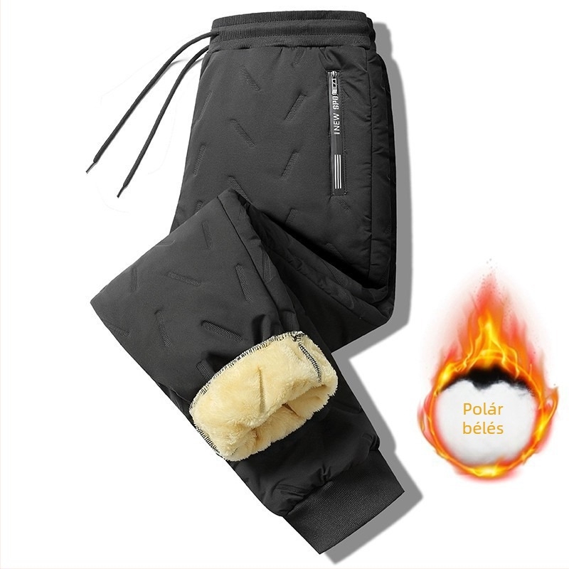 Férfi téli fleece-béléses casual nadrág, lazán szabott, plusz méret, szélvédett és meleg