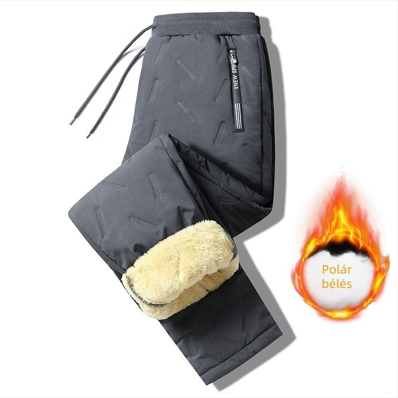 Férfi téli fleece-béléses casual nadrág, lazán szabott, plusz méret, szélvédett és meleg