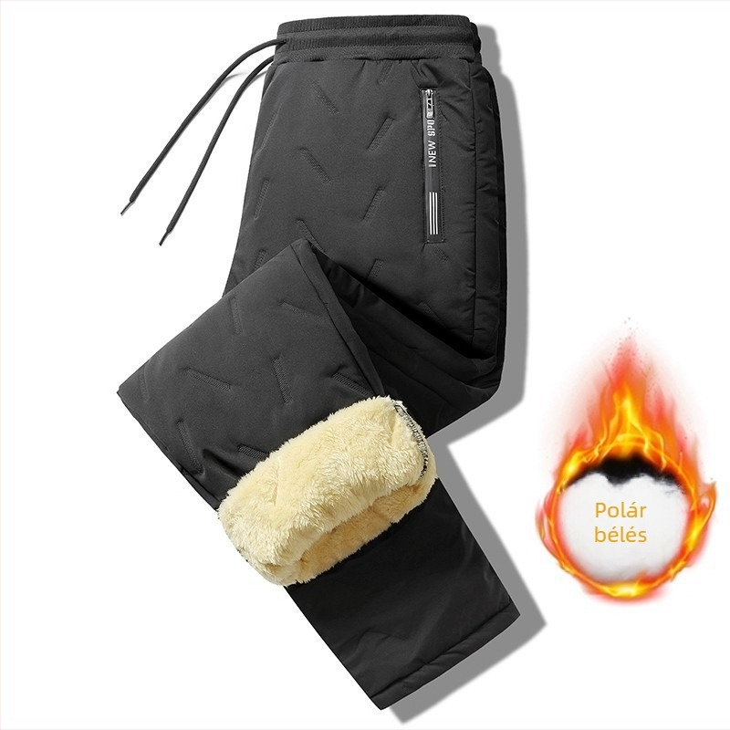 Férfi téli fleece-béléses casual nadrág, lazán szabott, plusz méret, szélvédett és meleg