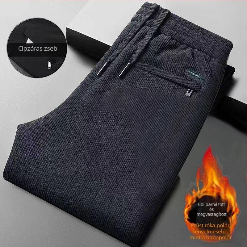 Férfi corduroy nadrág fleece béléssel, casual egyenes szabás, téli