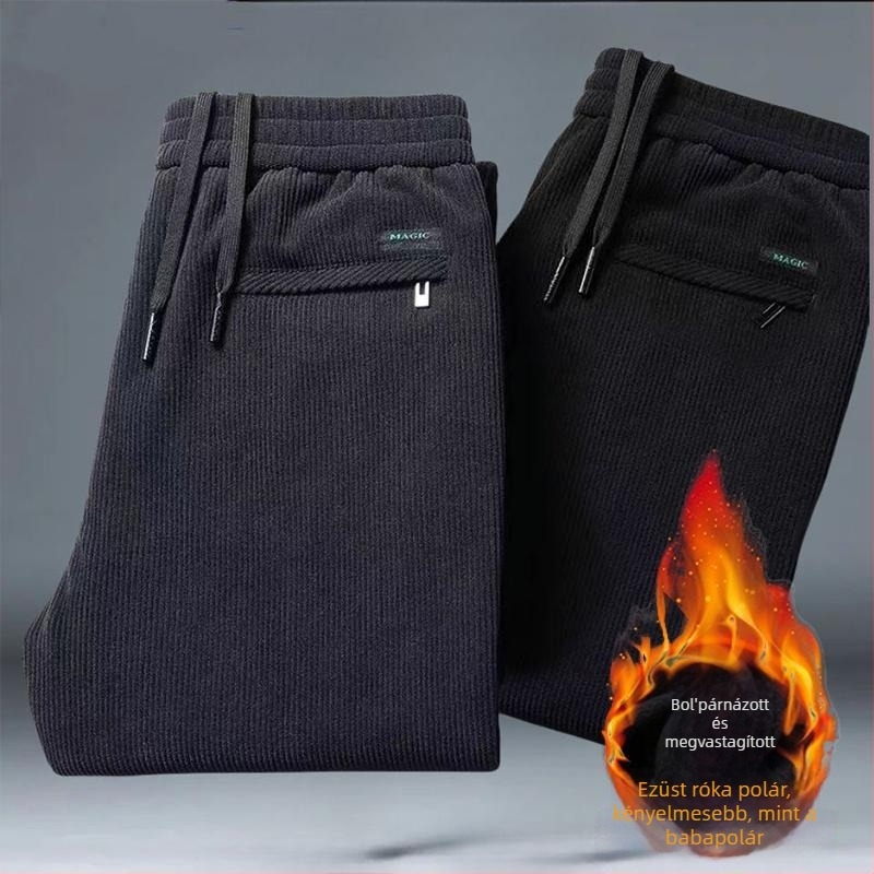 Férfi corduroy nadrág fleece béléssel, casual egyenes szabás, téli