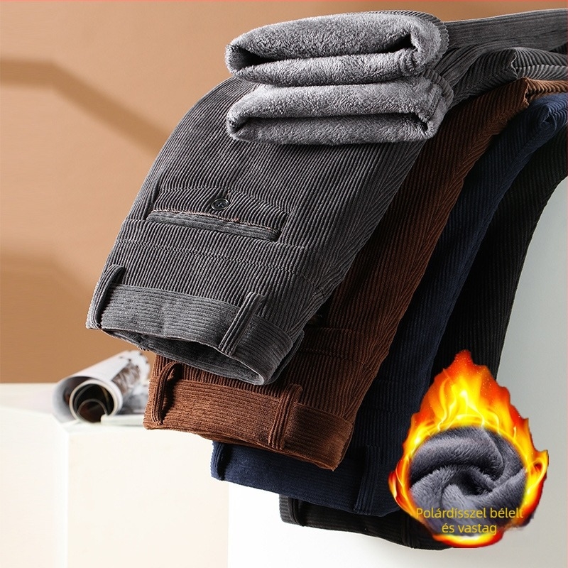 Corduroy férfi nadrág fleece bélés, magas derék, téli mindennapi nadrág egyenes szabású és több zsebbel, szélálló, mikroelasztikus