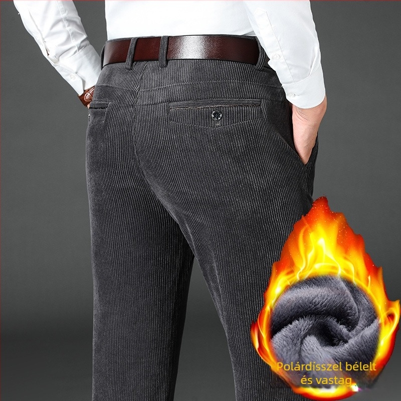 Corduroy férfi nadrág fleece bélés, magas derék, téli mindennapi nadrág egyenes szabású és több zsebbel, szélálló, mikroelasztikus