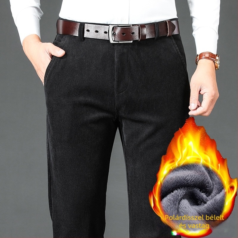 Corduroy férfi nadrág fleece bélés, magas derék, téli mindennapi nadrág egyenes szabású és több zsebbel, szélálló, mikroelasztikus