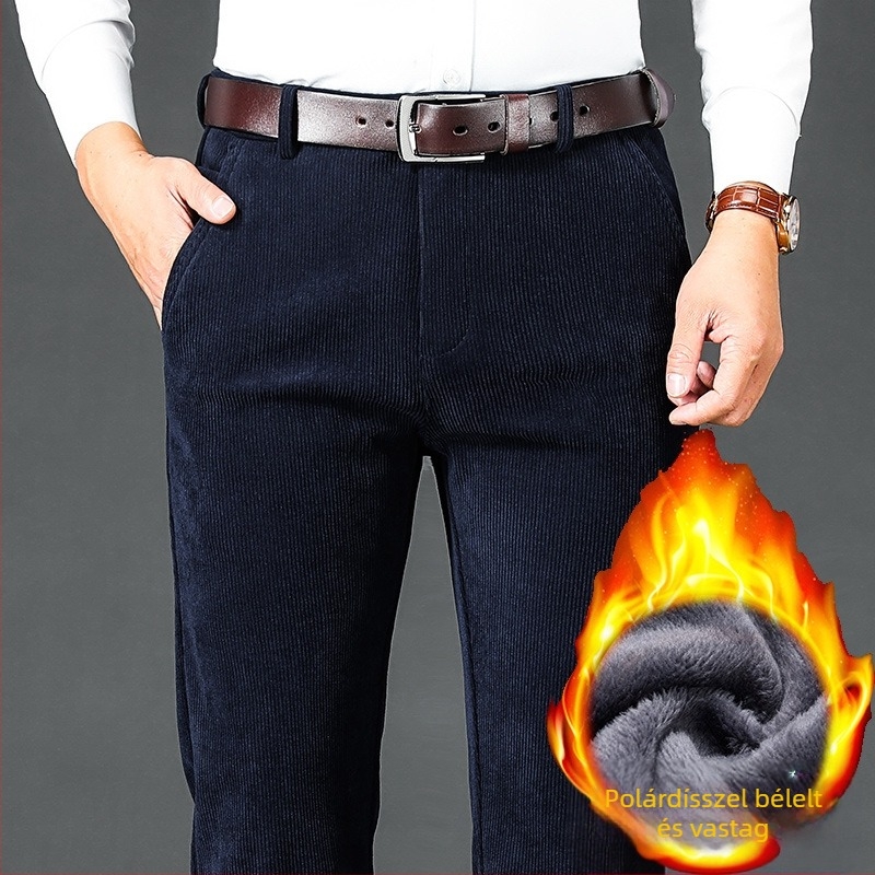 Corduroy férfi nadrág fleece bélés, magas derék, téli mindennapi nadrág egyenes szabású és több zsebbel, szélálló, mikroelasztikus