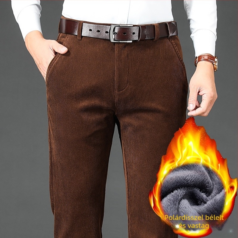 Corduroy férfi nadrág fleece bélés, magas derék, téli mindennapi nadrág egyenes szabású és több zsebbel, szélálló, mikroelasztikus