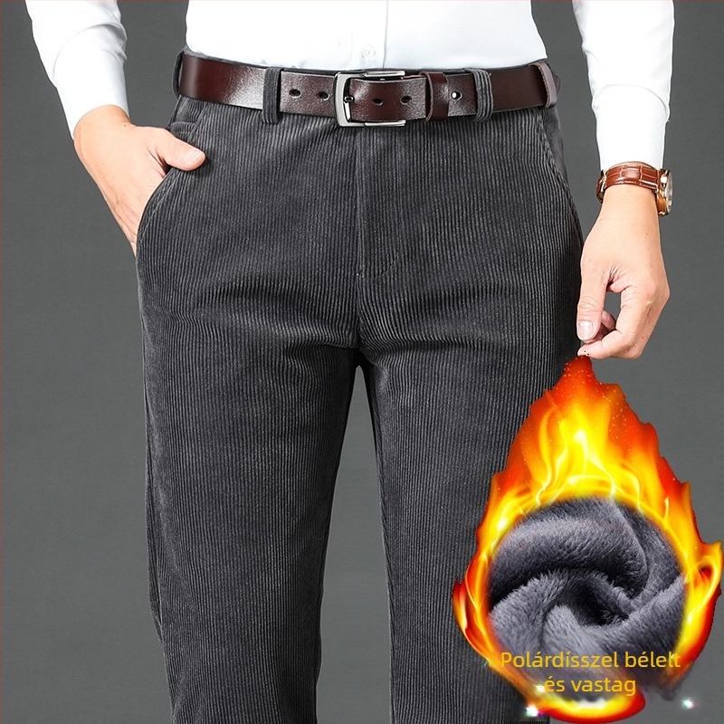 Corduroy férfi nadrág fleece bélés, magas derék, téli mindennapi nadrág egyenes szabású és több zsebbel, szélálló, mikroelasztikus