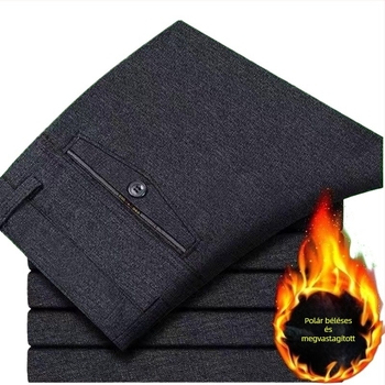 Férfi téli nadrág fleece-béléssel, magas derékkal, egyenes szabású, hétköznapi viselet