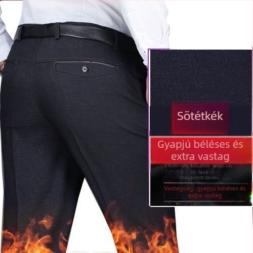 Férfi téli nadrág fleece-béléssel, magas derékkal, egyenes szabású, hétköznapi viselet