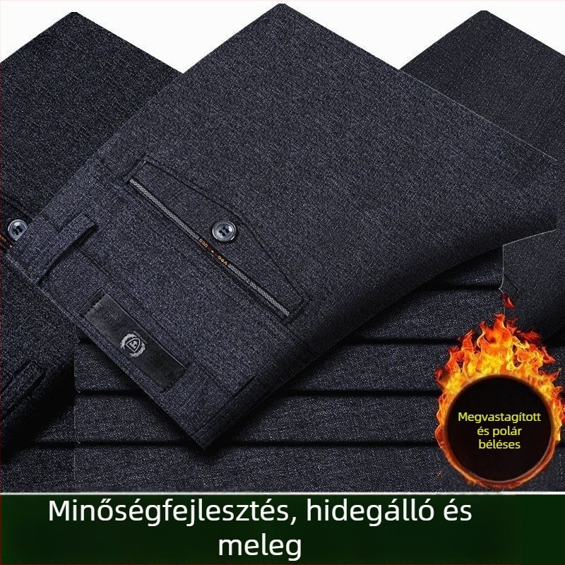 Férfi téli nadrág fleece-béléssel, magas derékkal, egyenes szabású, hétköznapi viselet