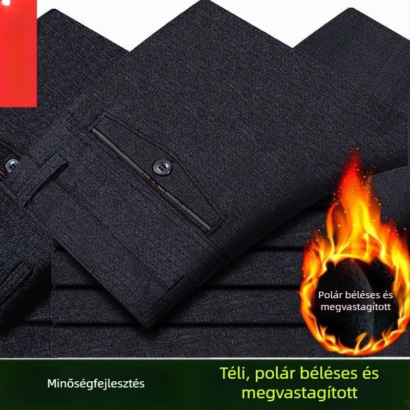 Férfi téli nadrág fleece-béléssel, magas derékkal, egyenes szabású, hétköznapi viselet