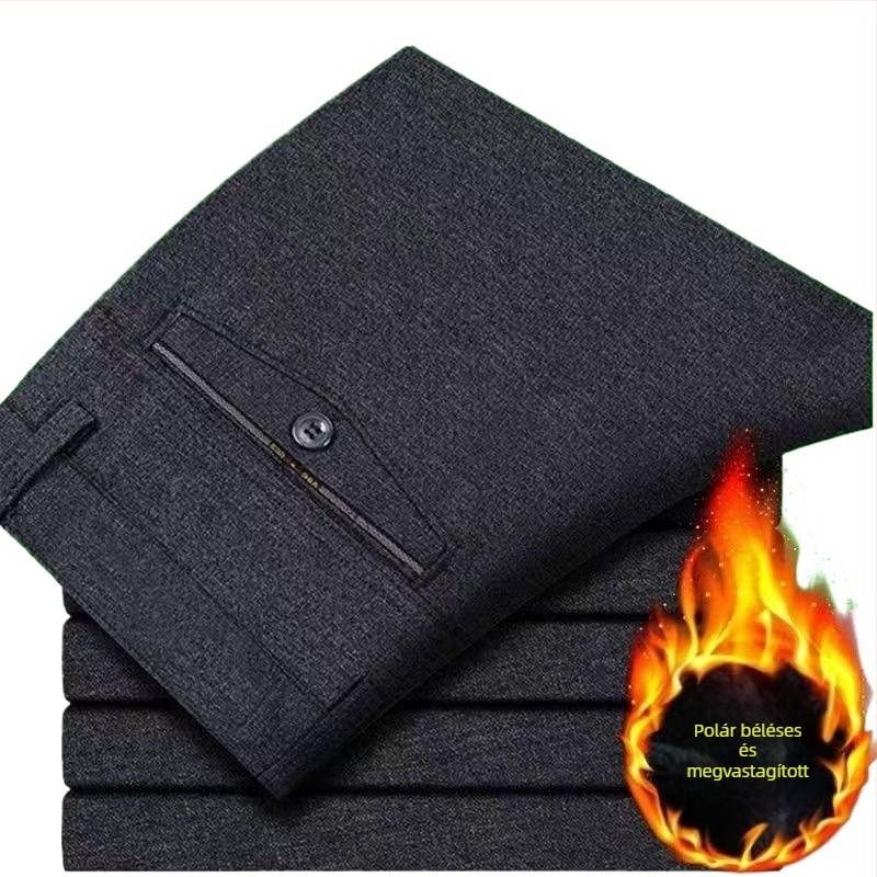 Férfi téli nadrág fleece-béléssel, magas derékkal, egyenes szabású, hétköznapi viselet