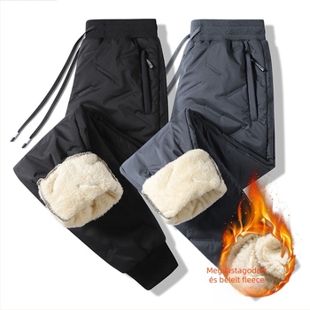 Férfi téli fleece béléses sportnadrág, szélvédett és meleg, középső derekú, övvel, húzópánt zárás, egyenes szabás, poliészter keverék, egyszínű