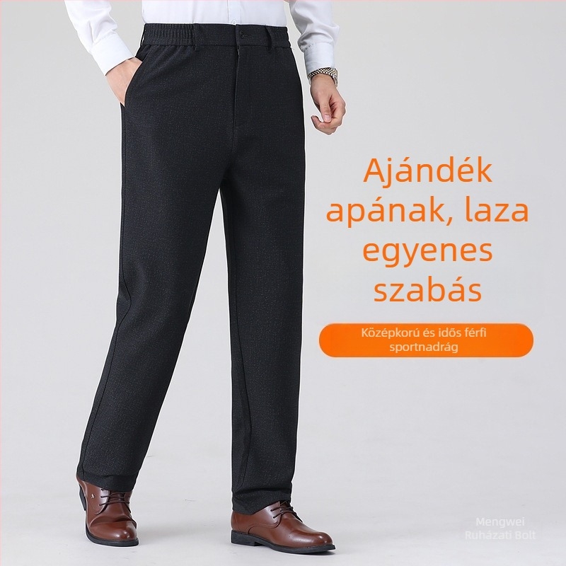 Férfiaknak elasztikus derekú, lazán szabott, egyenes szárú nadrág, tavasz–ősz