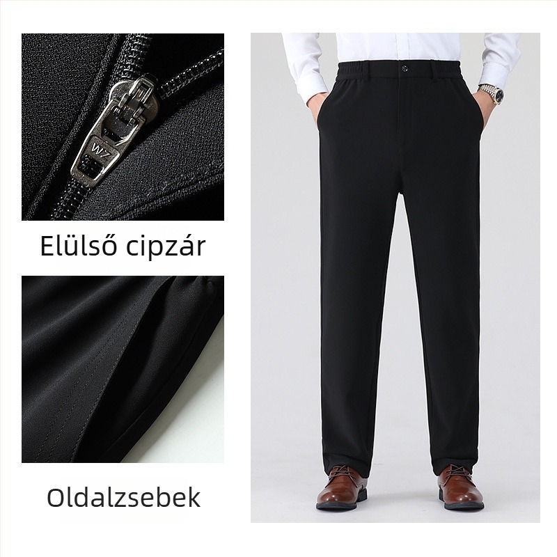 Férfiaknak elasztikus derekú, lazán szabott, egyenes szárú nadrág, tavasz–ősz