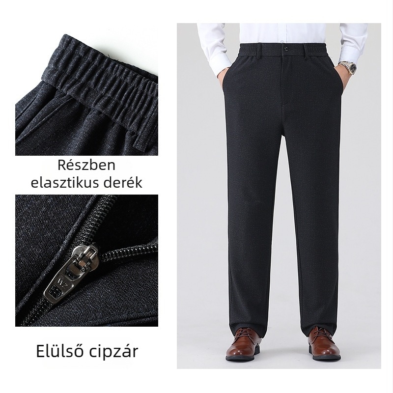 Férfiaknak elasztikus derekú, lazán szabott, egyenes szárú nadrág, tavasz–ősz