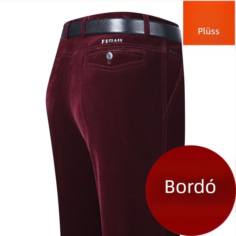 Corduroy férfi nadrágok, magas derék, laza szabású egyenes szár, téli mindennapi nadrág középkorú férfiaknak, övvel