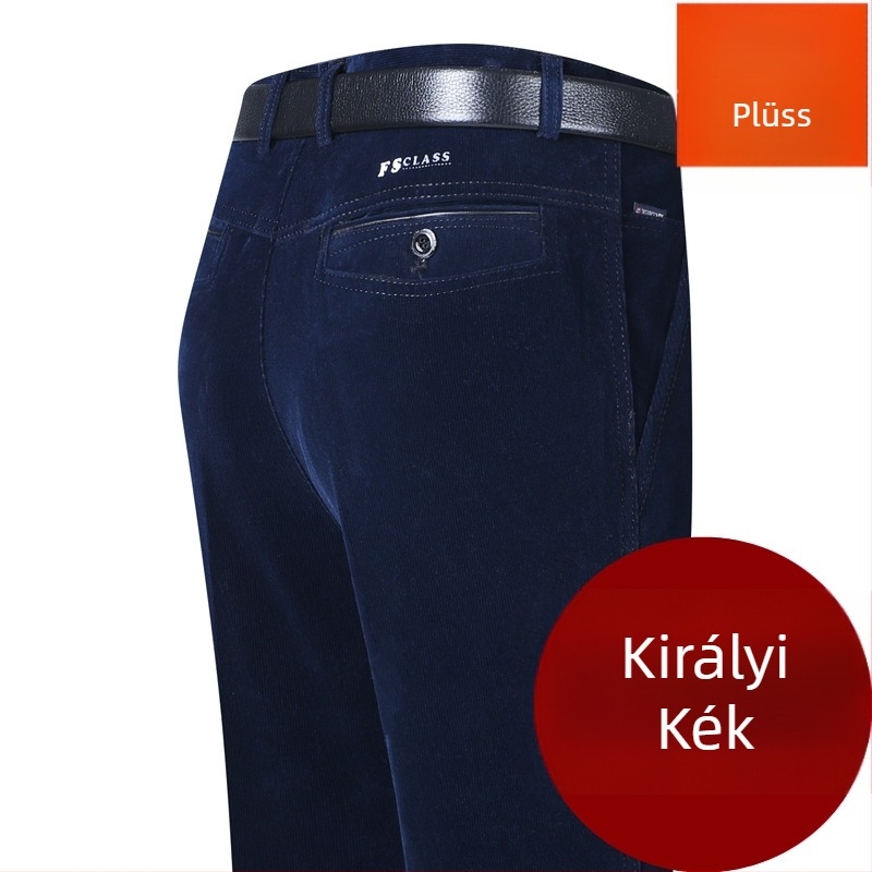 Corduroy férfi nadrágok, magas derék, laza szabású egyenes szár, téli mindennapi nadrág középkorú férfiaknak, övvel