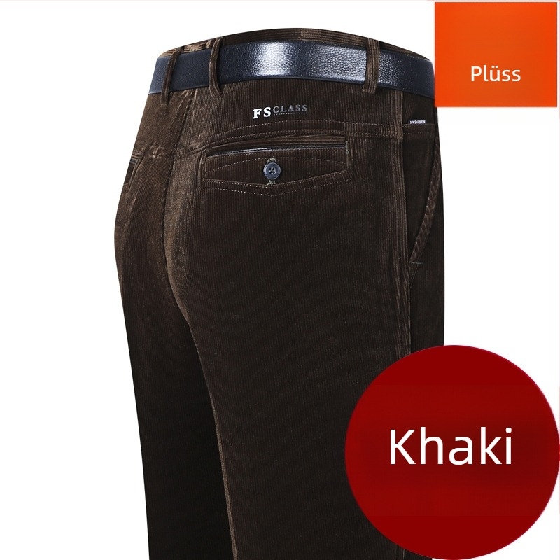 Corduroy férfi nadrágok, magas derék, laza szabású egyenes szár, téli mindennapi nadrág középkorú férfiaknak, övvel