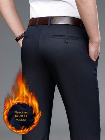 Férfi téli casual nadrág fleece béléssel, vastag, gyűrődésálló, magas elasztikussággal, egyenes szabású, hosszú