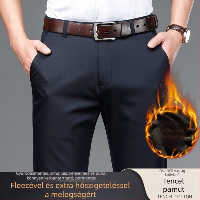 Férfi téli casual nadrág fleece béléssel, vastag, gyűrődésálló, magas elasztikussággal, egyenes szabású, hosszú