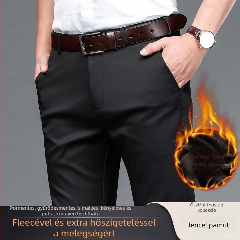Férfi téli casual nadrág fleece béléssel, vastag, gyűrődésálló, magas elasztikussággal, egyenes szabású, hosszú