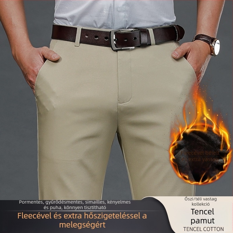 Férfi téli casual nadrág fleece béléssel, vastag, gyűrődésálló, magas elasztikussággal, egyenes szabású, hosszú