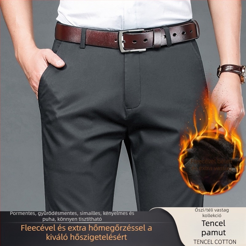 Férfi téli casual nadrág fleece béléssel, vastag, gyűrődésálló, magas elasztikussággal, egyenes szabású, hosszú