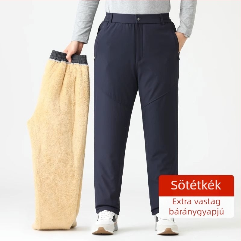 téli pamut nadrág juhgyapjú fleece bevonattal, vastag, mindennapi nadrág középkorú és idős férfiak számára