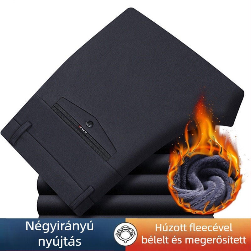 Férfi téli fleece-béléssel bélelt egyenes szabású nadrág – magas derekú, pamutkeverék anyag, nagy elasztikusság