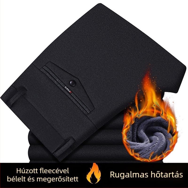 Férfi téli fleece-béléssel bélelt egyenes szabású nadrág – magas derekú, pamutkeverék anyag, nagy elasztikusság