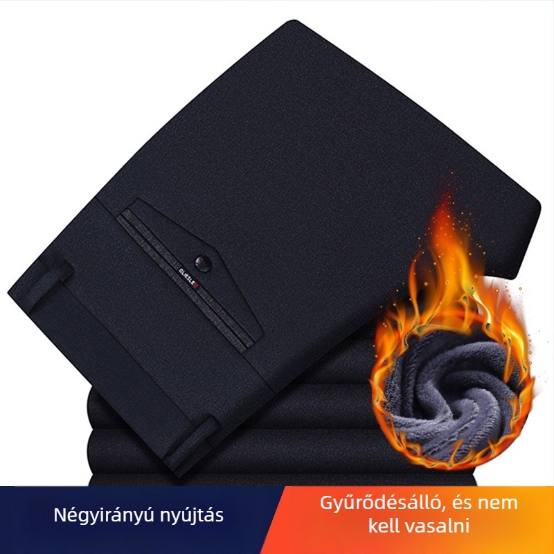 Férfi téli fleece-béléssel bélelt egyenes szabású nadrág – magas derekú, pamutkeverék anyag, nagy elasztikusság