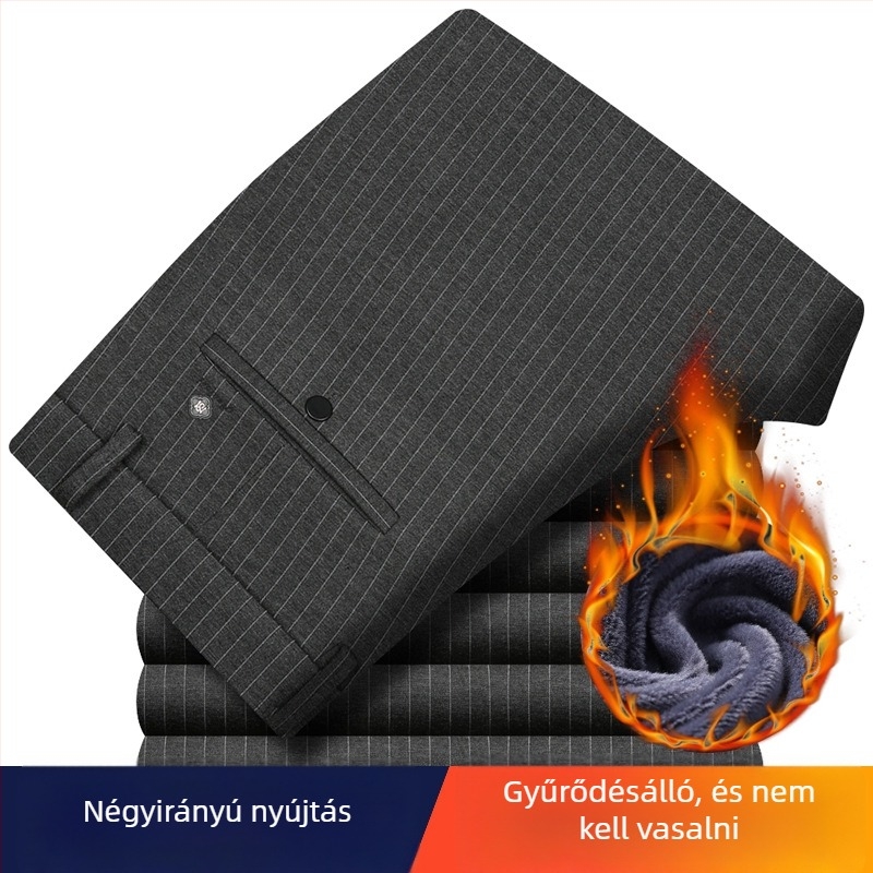 Férfi téli fleece-béléssel bélelt egyenes szabású nadrág – magas derekú, pamutkeverék anyag, nagy elasztikusság