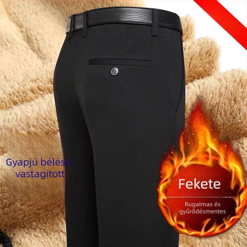 Férfi téli fleece-betétes laza egyenes szabású nadrág, vasalást nem igényel