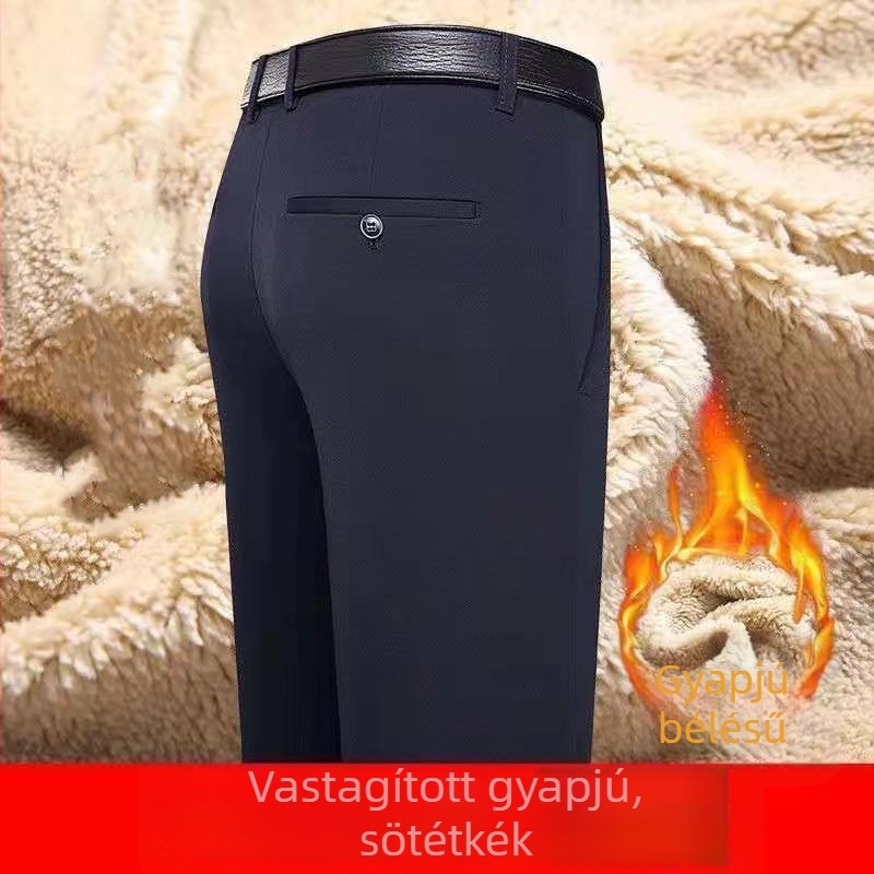 Férfi téli fleece-betétes laza egyenes szabású nadrág, vasalást nem igényel
