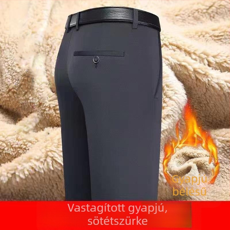 Férfi téli fleece-betétes laza egyenes szabású nadrág, vasalást nem igényel