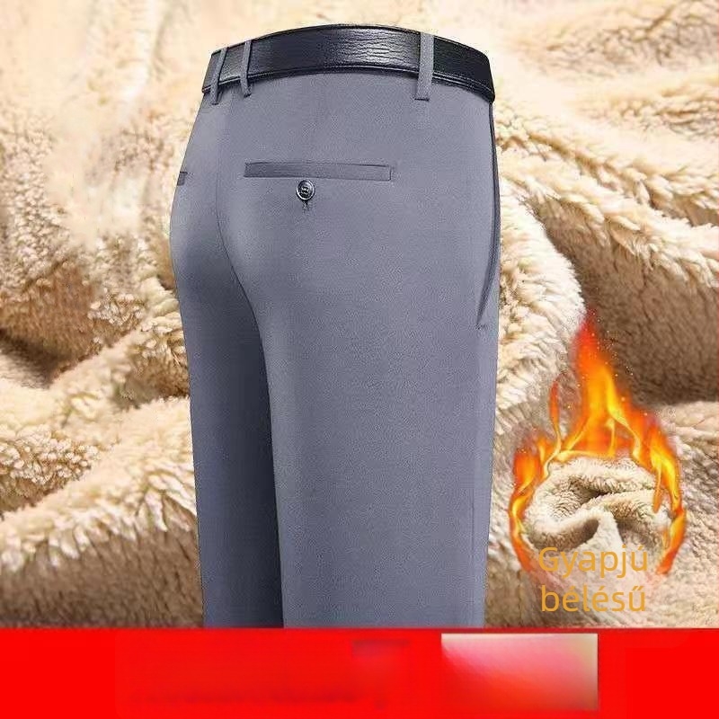 Férfi téli fleece-betétes laza egyenes szabású nadrág, vasalást nem igényel